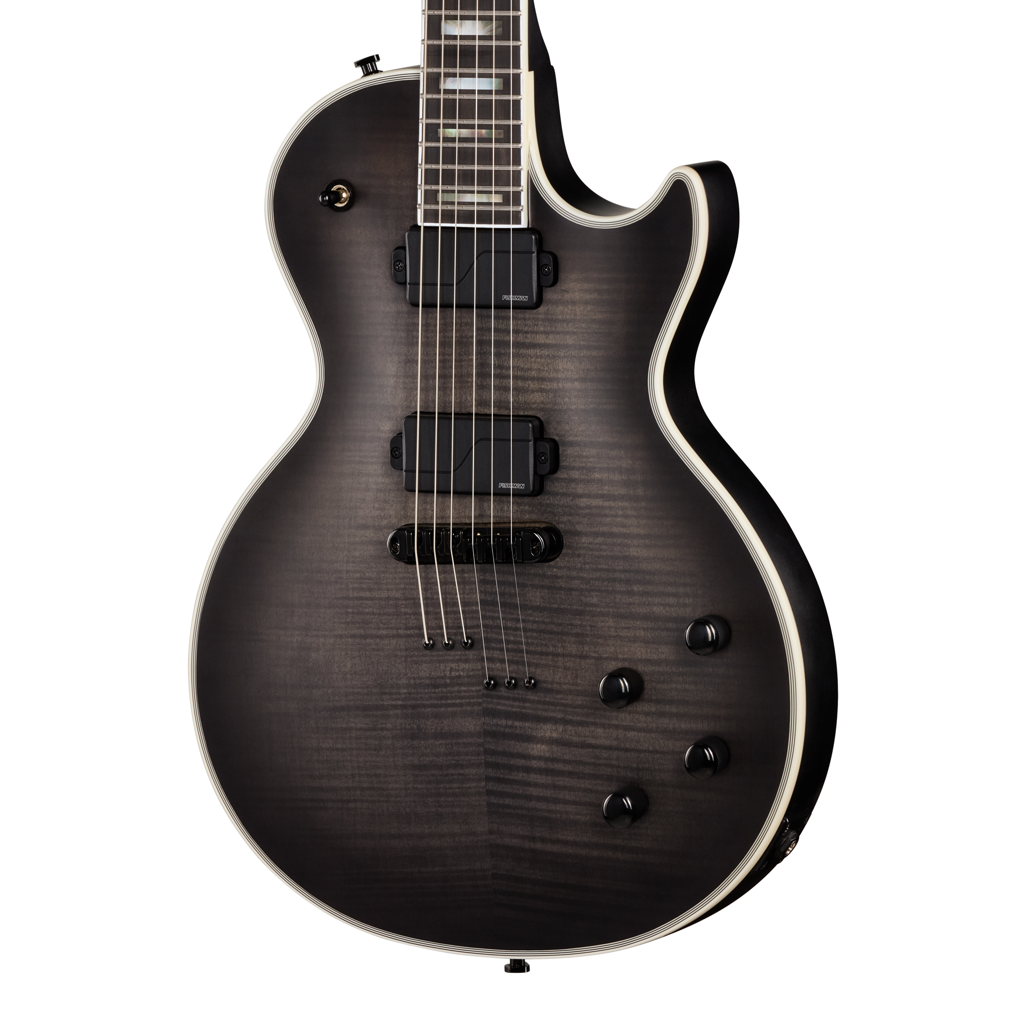E-Gitarre, massiver Korpus, dunkelgrau, Flammenahorn-Decke, Humbucker